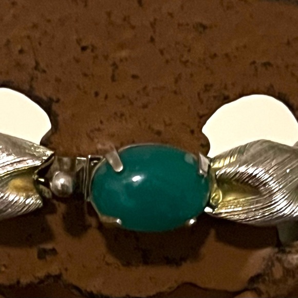 BRANIA Two-Toned Link Necklace Graduated Mid Century Green Cabochon Clasp-Marked - Picture 5 of 7